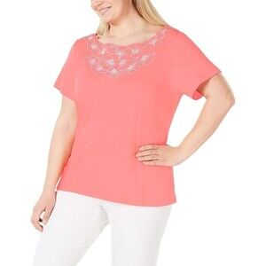 Karen Scott Petite Embroidered Top Coral PL NWOT Spring Summer Vacation Resort
